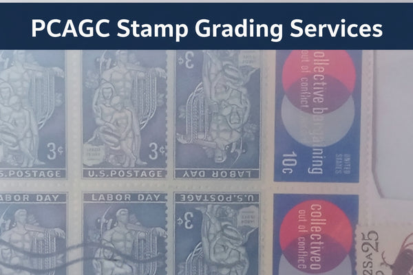 postage stamp graded and certified by PCAGC Stamp Grading Service, showcasing authentication label and detailed stamp features.